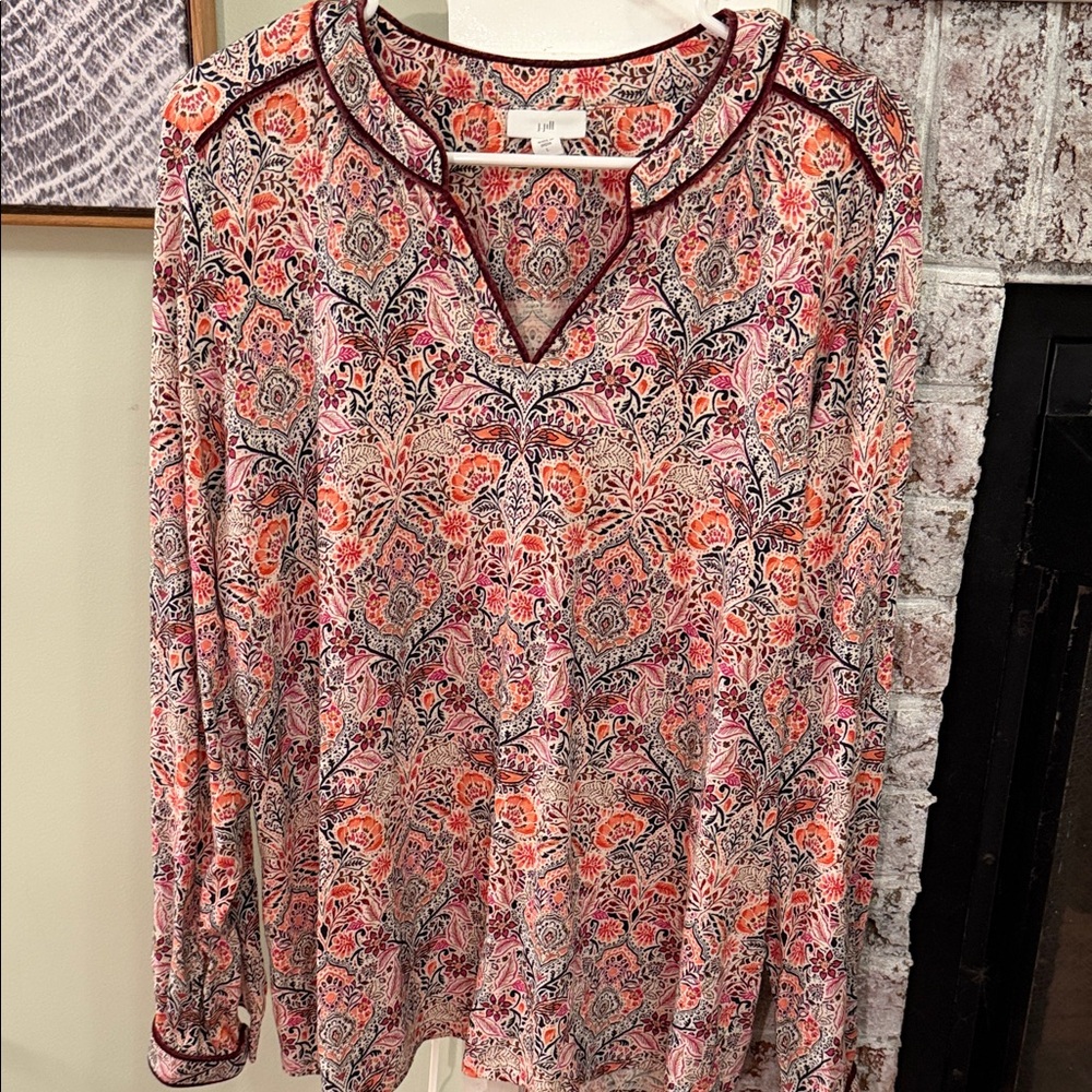 J Jill Floral V Neck velvet trim blouse Tencel Cotton boho
